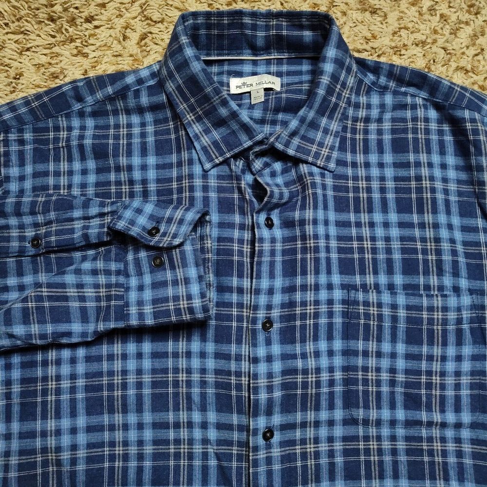 Peter Millar Blue Plaid Men Sz L Long Sleeve Button Up Shirt